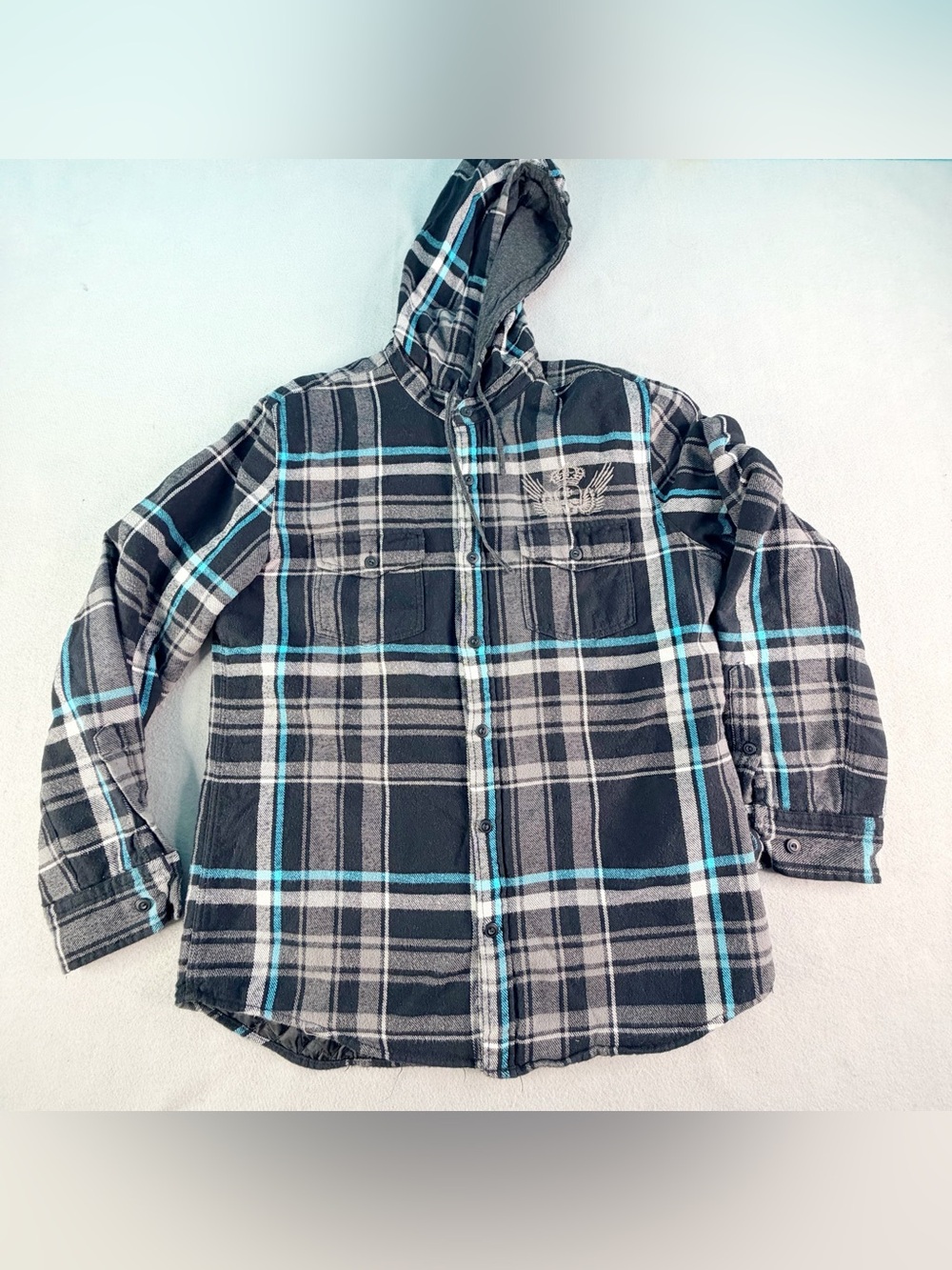 Express Mens Large Blue Gray Plaid Hooded Quilted Flannel Baggy Streetwear y2k